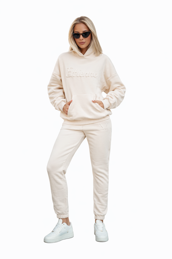 Dres Damski 90% Bawełna Bluza z Kapturem + Spodnie Jasny beż